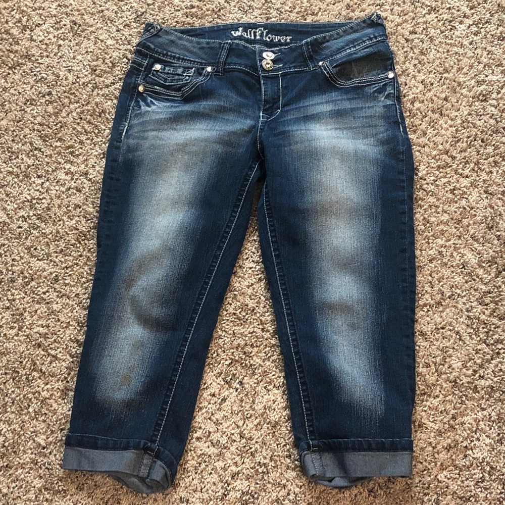 Wallflower Dark Blue Cropped Jeans with Cuffed Hem embroidered rhinestone pocket